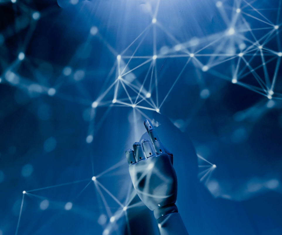 A robotic hand reaching toward a network of connected nodes